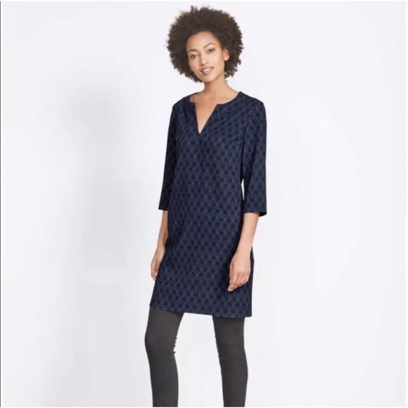 Boden Blue Black Leaf Print Easy Notch Tunic Shift Dress Size 10 L (10 Long) - Picture 1 of 11